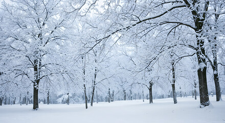 A stunning winter scene featuring frost and snow adorning the branches, creating a picturesque landscape.
