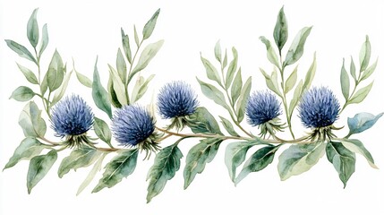 Watercolor Blue Thistle Floral Branch Border