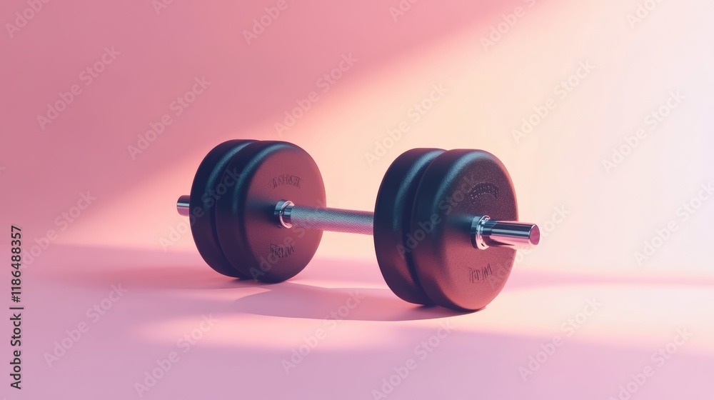 Poster black dumbbell with silver handle lying on pink surface with dramatic lighting creating long shadows