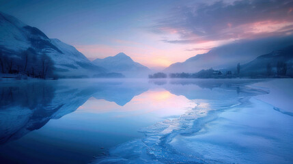 Fototapeta premium A tranquil frozen lake reflecting the pale winter solstice sky under soft twilight hues