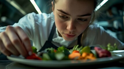 Chef's Precision: A focused young female chef meticulously arranges vibrant vegetables on a plate, showcasing culinary artistry and attention to detail in a dimly lit professional kitchen.