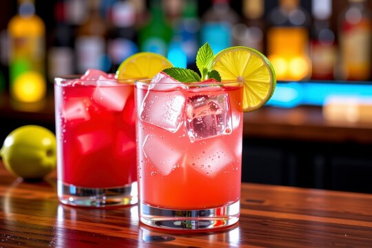 Refreshing Red Cocktail Drinks with Ice Lime and Mint on Bar Counter