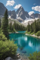 A depicting lake surrounded by evergreen forest and trees blue sky