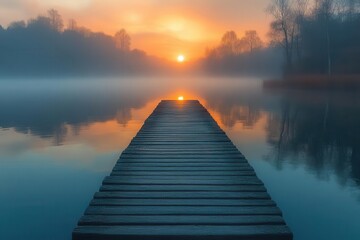 Fototapeta premium minimalist wooden lake pier extending into mirror-like water surface with mystical morning fog and pastel sunrise colors