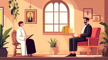 Chaplain offering spiritual guidance and comfort in a serene environment, flat design illustration