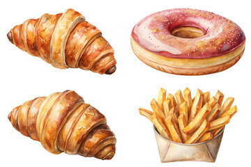 Delicious baked goods, crispy croissants, sweet donut, golden fries, watercolor style, food illustration, culinary art.
