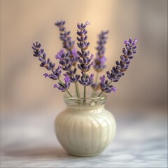 Delicate lavender sprigs arranged in a small, elegant cream-colored vase, creating a serene and calming still life scene.