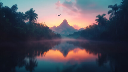 A calm river surrounded by lush forest, with a single bird flying low over the water.