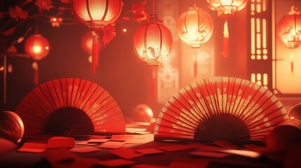A Chinese New Year celebration scene with bright red lanterns hanging, elegant fans resting on surfaces,