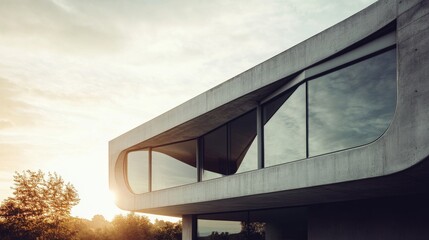 Fototapeta premium Modern Concrete House Reflecting Cloudy Sky at Sunset.