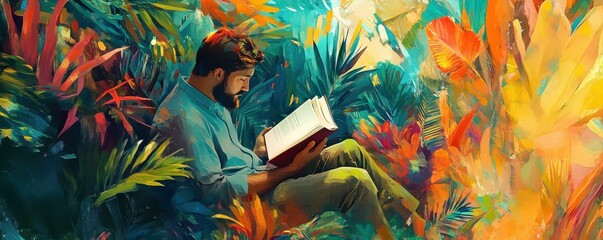 Reading, relaxation, colorful, nature, creativity A man immersed in a vibrant, abstract background of plants and colors while reading a book, surrounded by imaginative