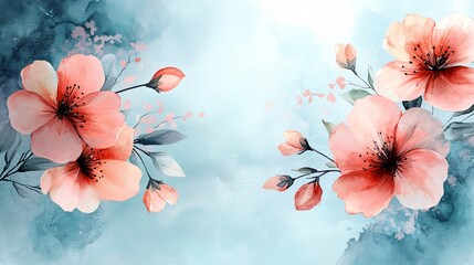 Watercolor Floral Design, Peach Blossoms, Blue Background