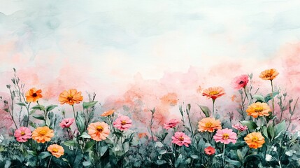 Fototapeta premium Watercolor Floral Garden, Peach & Pink Flowers