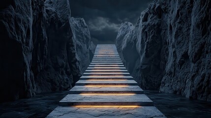 Bridge spanning chasm, each step illuminated, perseverance in progress, 3D illustration