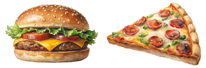 Delicious burger and pizza, vibrant colors, fast food illustration, appetizing design, culinary art, food lovers.