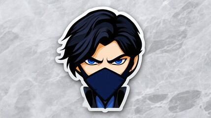 Intense gaze of a young man, dark hair, blue eyes, and a mask.  A striking sticker design.