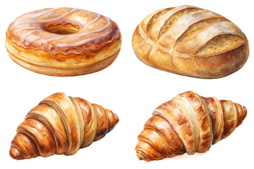 Delicious baked goods, watercolor illustration, fresh pastries, sweet donuts, artisanal bread, flaky croissants, gourmet treats.