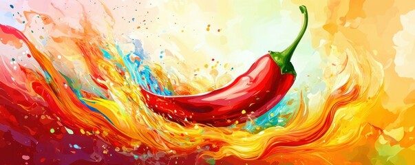 Red chili pepper with flames, vibrant colors, cooking concept, spicy food, creative culinary presentation, bright background showcasing the heat of the pepper, symbolizing intensity and flavor
