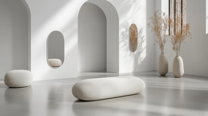 A light-filled minimalist room with arches and vases creates a tranquil ambiance, blending simplicity and elegance in an airy space.