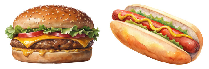 Delicious burger and hot dog, vibrant colors, food illustration, fast food style, appetizing design.