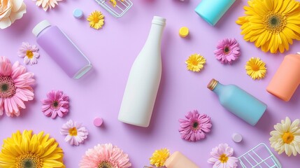 Colorful Bottles and Flowers on Purple Background for Creative Projects