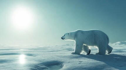 Majestic polar bear walking on arctic ice, sunlit scene.
