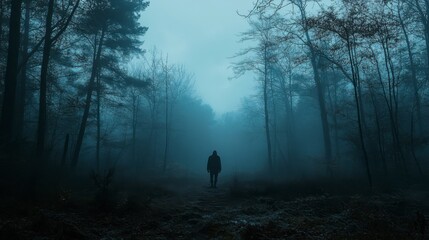 Into the Mist: A solitary figure walks into the depths of a dense, mist-shrouded forest, shrouded in mystery and a sense of eerie solitude, the dense fog enveloping everything in an ethereal.