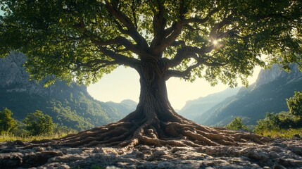 Obraz premium Majestic Tree with Intertwined Roots in a Scenic Nature Landscape