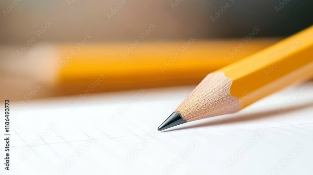 Poster close up macro photograph featuring the sharpened tip of a number 2 pencil poised on lined white pap
