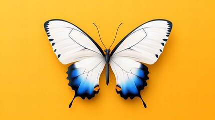 Fototapeta premium A vibrant blue and white butterfly, perched delicately against a sunny yellow backdrop. A symbol of transformation.