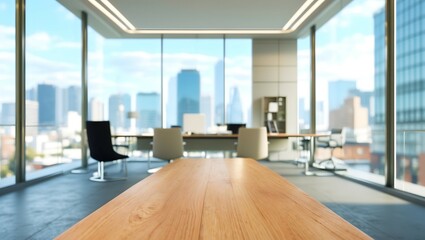 Fototapeta premium Wooden table in light office with panoramic windows 