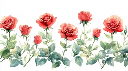 Naklejka premium Watercolor Red Roses Floral Border, Seamless Pattern
