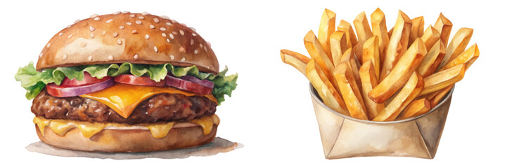 Delicious burger with cheese, fresh lettuce, vibrant tomatoes, crispy fries, watercolor style, food illustration, appetizing presentation.