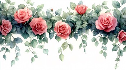 Watercolor Roses Seamless Border, Floral Design