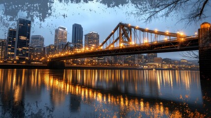 A glowing suspension bridge stretches over a calm river, illuminated against a backdrop of city skyscrapers at night.