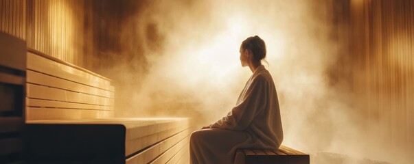 Relaxing in the sauna woman in bathrobe sitting on wooden bench in steamy room