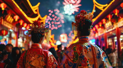 Chinese New Year banner, bustling street festival, performers in traditional costumes, colorful fireworks in the background, festive mood