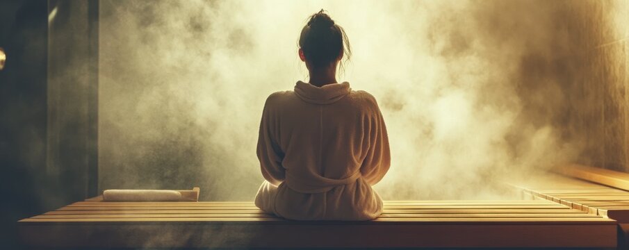 Relaxing in the sauna woman in bathrobe sitting on wooden bench in steamy room