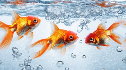 Dazzling goldfish swim through clear water creating bubbles and showcasing vibrant colors in an aquatic environment