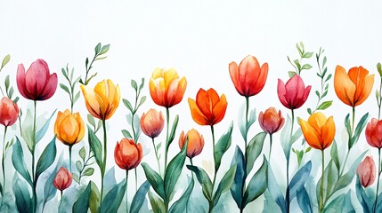 Obraz premium Watercolor Tulips Seamless Border, Spring Flowers