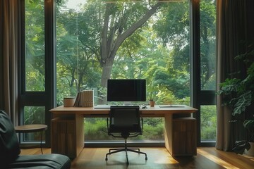 Fototapeta premium A serene workspace with a view of lush greenery, promoting productivity and tranquility.