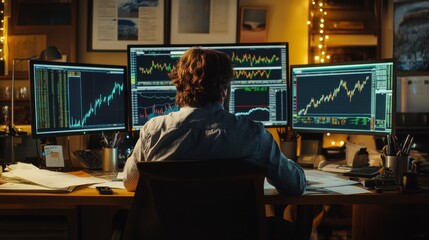 Night Trader: A lone figure sits before a wall of computer monitors displaying dynamic stock market charts, illuminated by the warm glow of ambient lighting in a dimly lit office.