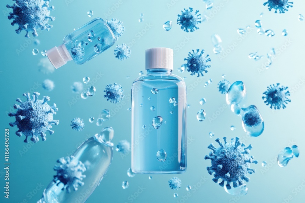 Aufkleber Droplets of sanitizer interact with bacteria in a clear setting emphasizing cleanliness and hygiene. Generative AI