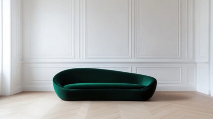 Stylish green sofa placed elegantly in a minimalist interior with white walls and wooden flooring during daylight