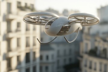 A futuristic drone taxi hovers gracefully above a bustling urban landscape. Its advanced design highlights innovation, aiming to redefine the way people travel in cities