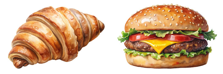 Delicious croissant, juicy hamburger, fresh ingredients, appetizing food, watercolor illustration, vibrant colors, culinary art, breakfast and lunch.