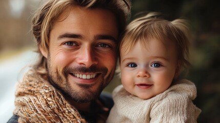 Smiling father holds baby in cozy knit sweater during beautiful outdoor moment in autumn setting