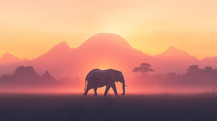 Fototapeta premium A lone elephant walking across a vast grassland under a pastel-colored sunset, minimal.