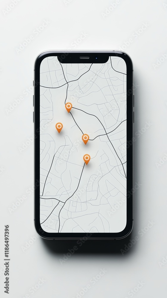 Poster Mobile phone displaying a map with orange location pins indicating points of interest, suggesting route planning and navigation using a modern smartphone device