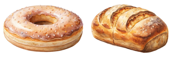 Delicious donut with sprinkles, fresh bread loaf, watercolor style, bakery illustration, food art, tempting treats.
